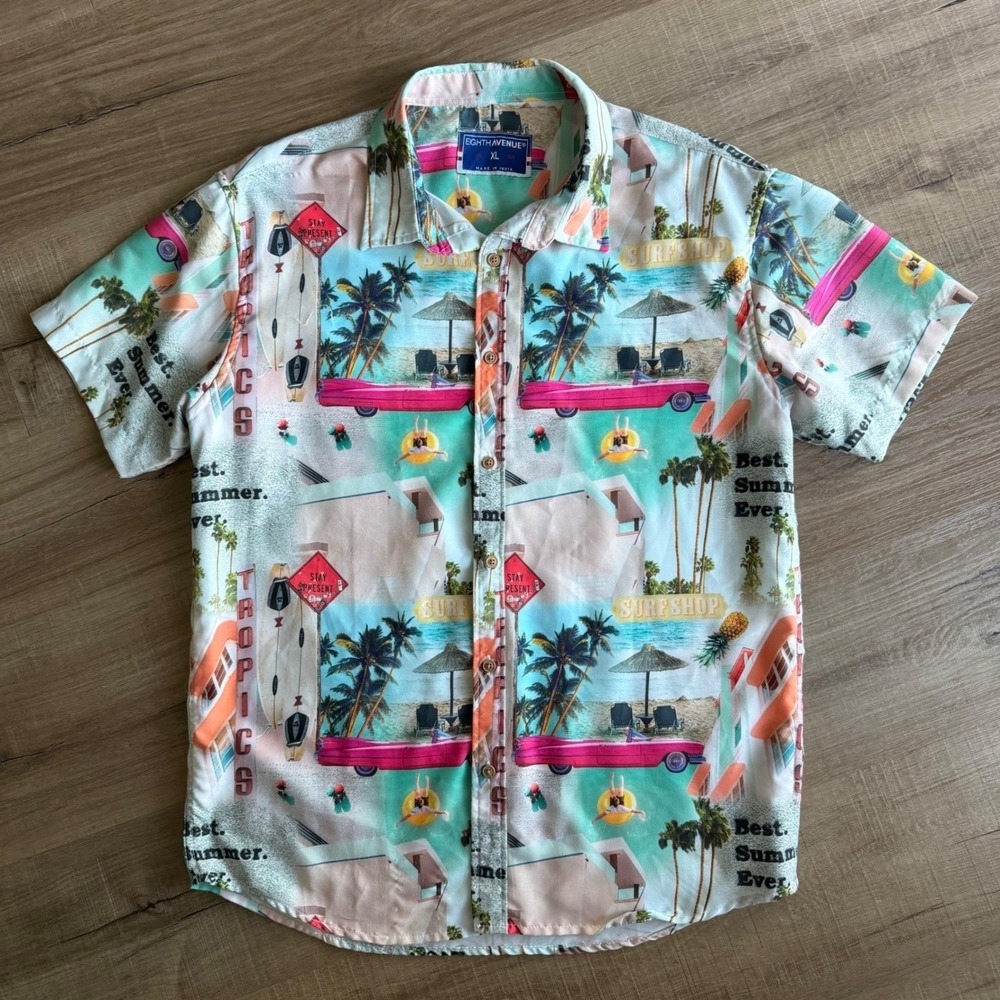 Eighth Avenue Mens XL Tropical Beach Print Button Down Shirt Pink Car Summer